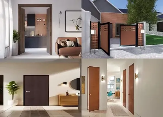 Various modern applications of WPC door frames in home and outdoor settings.